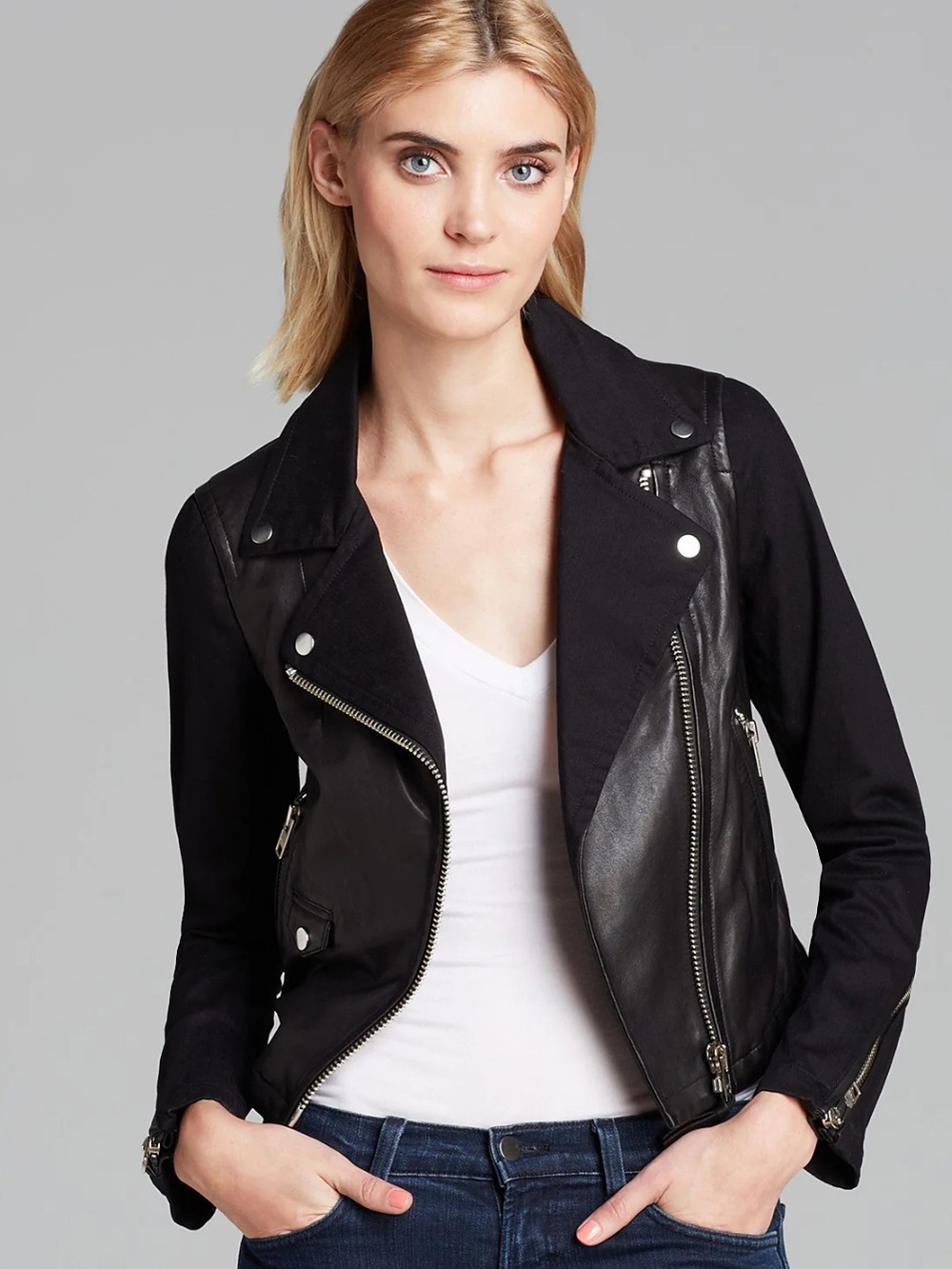 Mackage Minella Lamb Leather Denim Moto Biker Jacket Black Contrast Luxury Coat